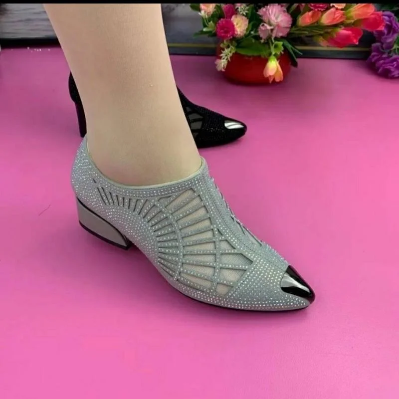 Hollowed Out Mesh Bling Pumps Pointed Toe Sandals Women\'s Work Shoes Breathable Low Heel Korean Fashion Novelty Drop Shipping