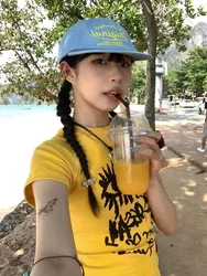 Yellow Short Sleeve T-Shirt Women's Summer Slim Fit Trendy Design American Hot Girl Short Style Top Korean Commute Style Cotton
