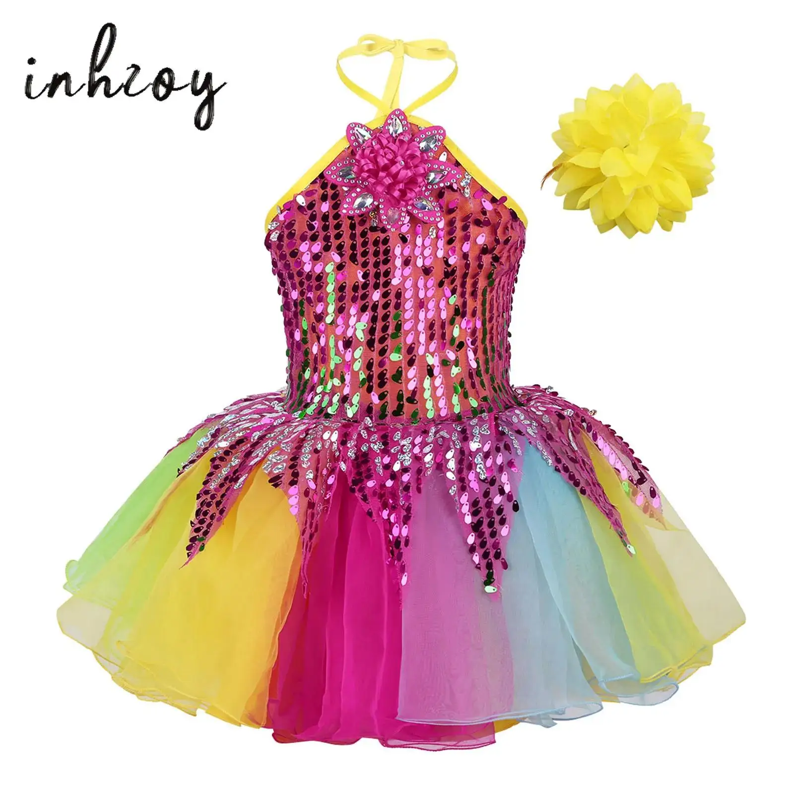 

Kids Girls Jazz Dance Hiphop Stage Performance Costume Set Sequin Halter Neck Crop Top with Tulle Tutu Skirt Ballet Outfits