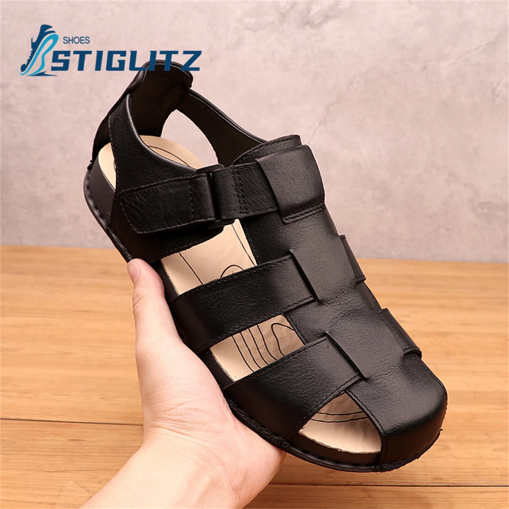 Braided Wide Belt Pig Cage Flats Black Genuine Leather Hollow Simple Casual Shoes Holiday Beach Non-Slip Sandals Roman Sandals