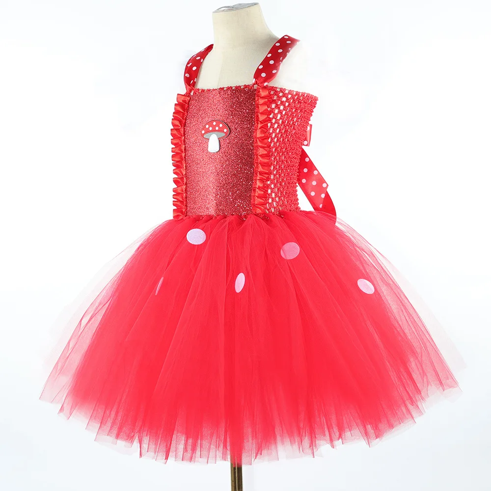 Halloween  Girls Red Mushroom Tulle Tutu Dress Children Bright Fluffy Skirt Christmas Attire Woven Mesh Airy Soft Fabric Outfit