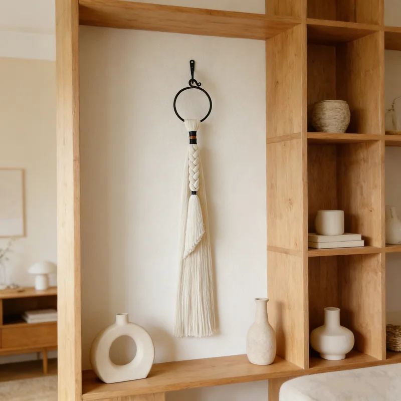 

Neutral White Braided Macrame Tassel Wall Art Minimalist Bohemian Decor with Metal Ring for Scandinavian Home