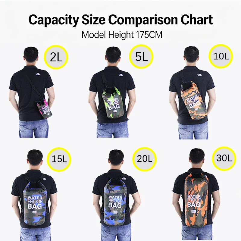 Saco Seco Portátil Camuflado Impermeável para Rafting e Mergulho 2/5/10/15/20/30L, Bolsas de Natação Revestidas em PVC para Trekking em Rios