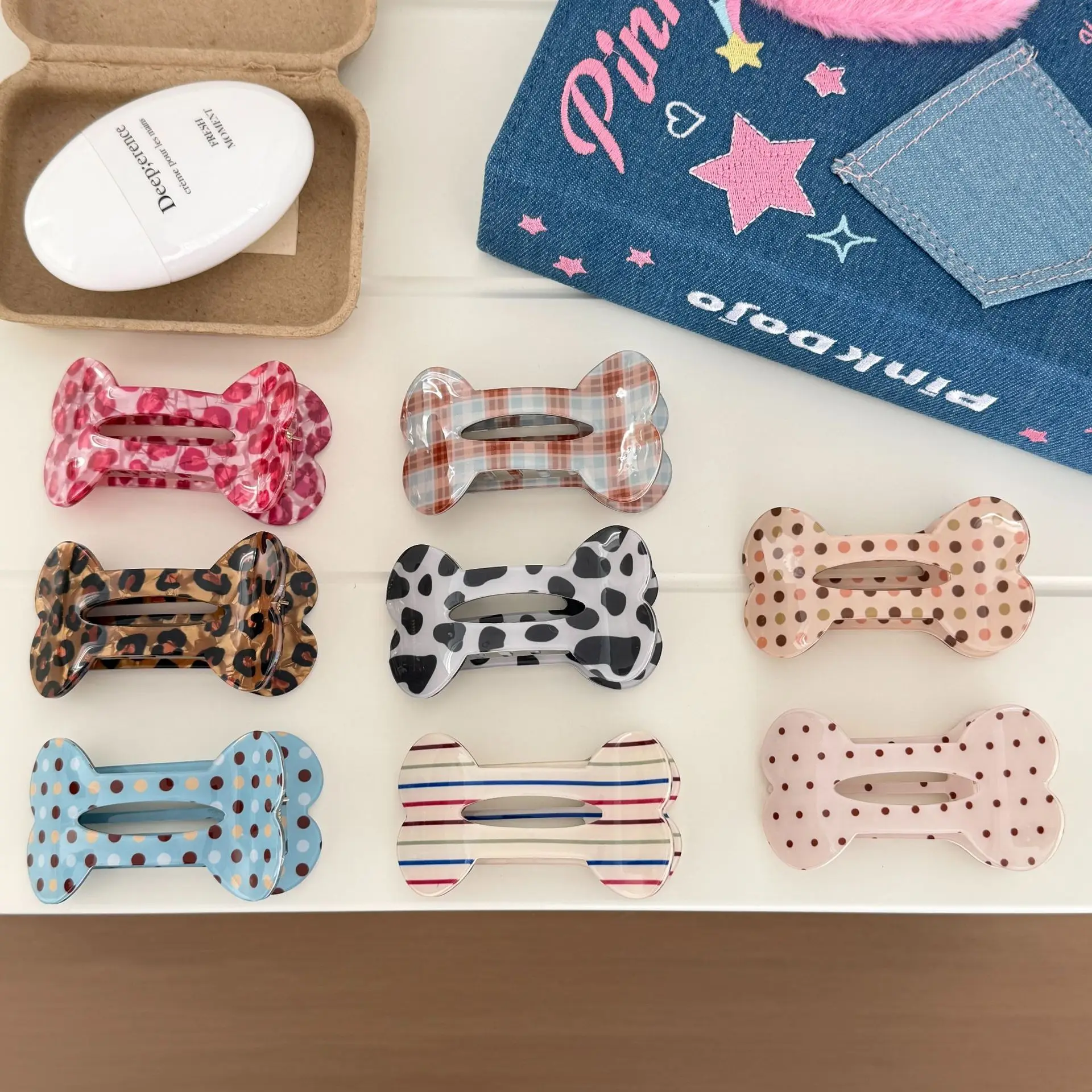 

Versatile Bone Design Duckbill Hair Clip Polka Dot Leopard Plaid Print Vertical Style Cute Clasp for Girls Office Daily