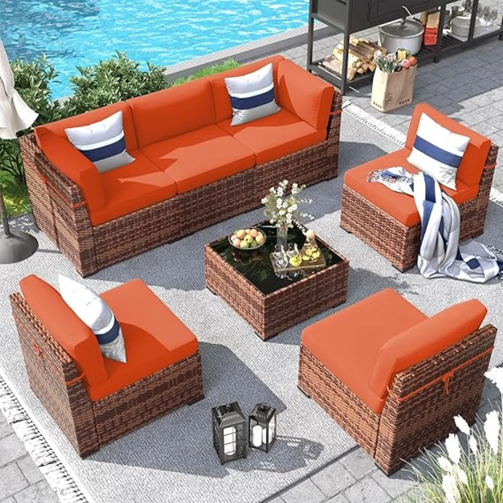 

Outdoor Patio Furniture Set with 44" Fire Pit Table 8 Pieces Rattan Patio Sectional Sofa Conversation Set, Coffee Table