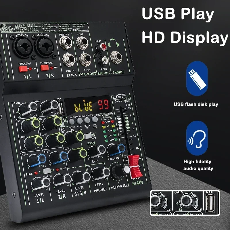 

18dbm Usb Playback Hd Display Phantom Power 99 Dsp Effects 4 Channel Audio Mixer Professional Sound Card Bluetooth Speakers