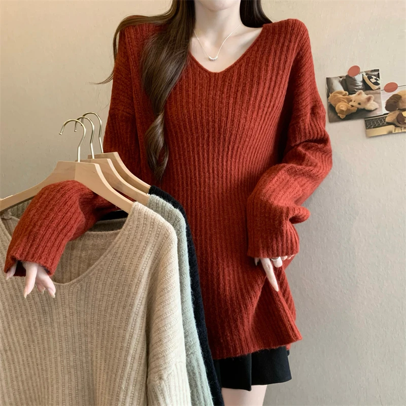 

Свободный свитер V-Ne в Корейском стиле Sle Lazy Faion, женский вязаный длинный све, теплый осенне-зимний новый модный топ