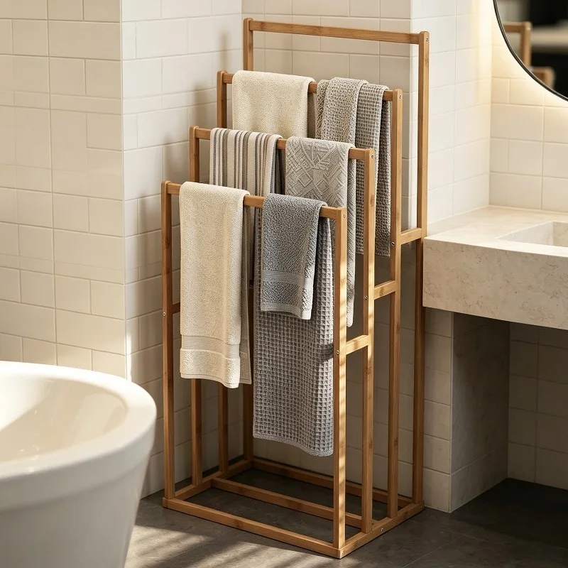 Bathroom Towel Rack Modern No Drill Folding Towels Holder Multifunctional Floor Standing Movable Towels Racks Hanging Organizers