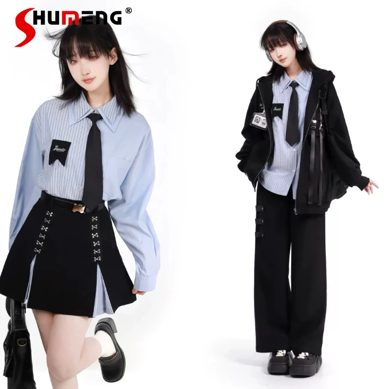 

College Style Blue and Black Stitching Long Sleeve Shirt Zip Hoodie Jacket and Straight Pants Autumn Couples Pants Set Outfits