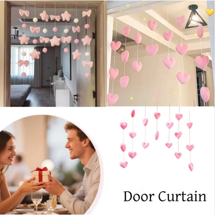 7 Strings/set Pink Tassel Short Door Curtain Heart Stars Bow Room Decor Girls Room Window Decor Romantic Partition Hanging Decor