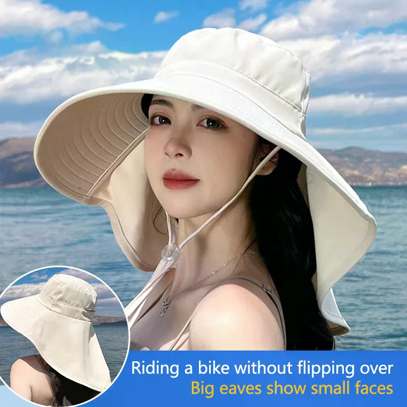 夏の女性用バケットハット、ショール付き、軽量で通気性があり、顔と首を保護するサンハット、ビーチキャップデザイン、旅行用