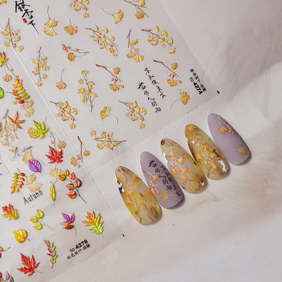 Fall Gold Leaves Nail Stickers Sliders for Manicure Maple Leaf Nail Sticker Nail Art Transfer Decals Foils Autumn Decorations