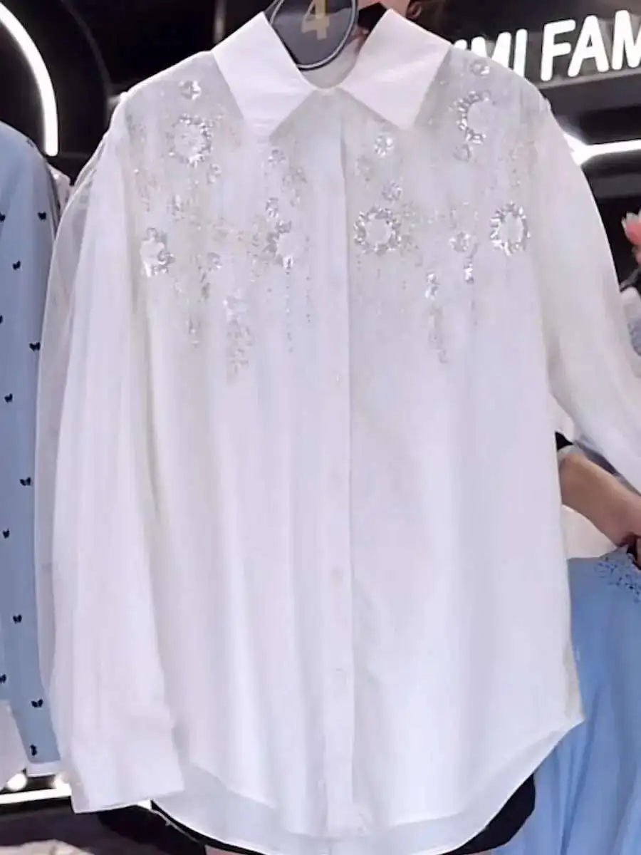 

New In Women White Cotton Embroidered Flares Shirts Women's Loose Casual Blouses 2025 Spring Summer Tops Clothes
