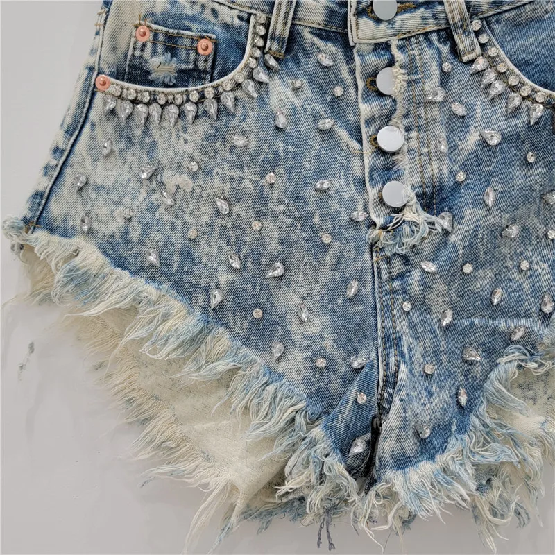 Large Particle Rhinestone Beaded Tassel Edge Denim Shorts Women 2024 Spring and Summer Hot Girl Style Distressed Hot Pants