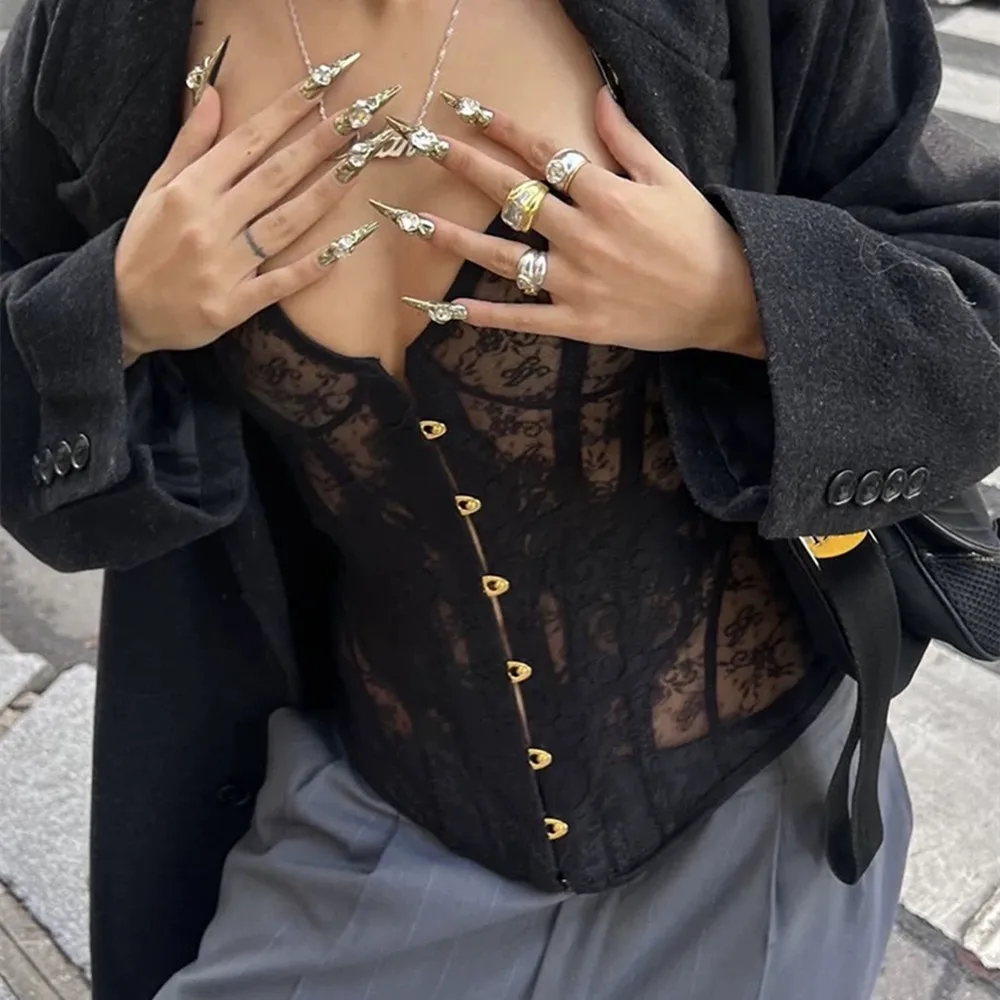 

2026 Sexy Lace Hollow Out Tube Top Vest Women Bandage Slim Waist Strapless Tank Top See Through Vests Summer Lady Street Vests