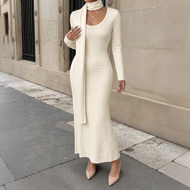 MsChuh Women's Dresses Solid U Neck Long Sleeve Mermaid Maxi Dress With Matching Scarf Ropa Mujer Elegant Party Evening Outfits