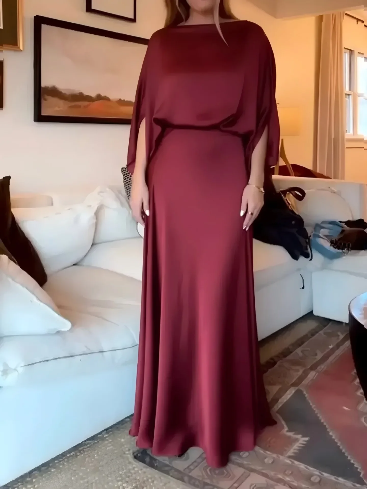 Damen Modisches Atmosphärisches Kleid Frühling Sommer Neuer Stil Rundhals Sieben-Ein-Acht-Ärmel Elegantes Sexy Einfarbiges Seiden-Langkleid – Detail 1