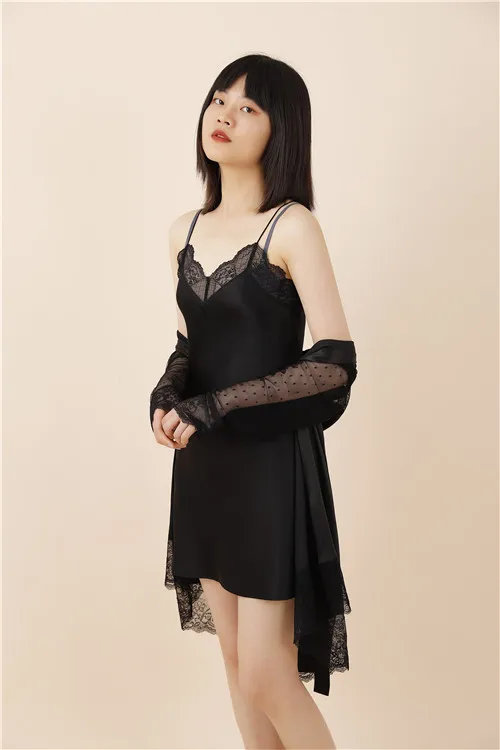 2021 luxury designer 100% silk black lace slip dress with matching rob pajama set sleepwear nightwear for lady and girl