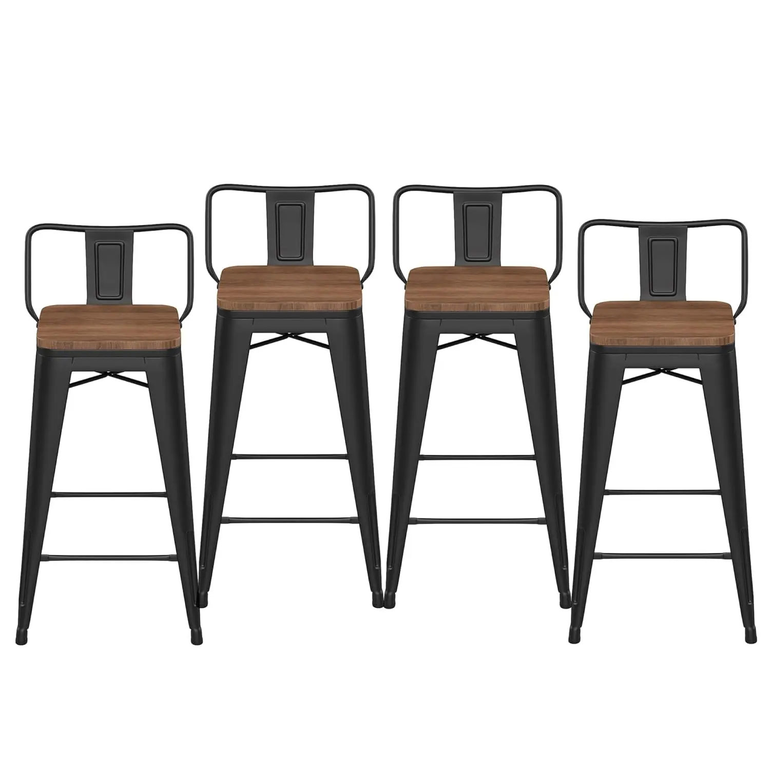 

24" Low Back Metal Counter Stool Height Bar Stools with Wooden Seat [Set of 4] Barstools, Matte Black