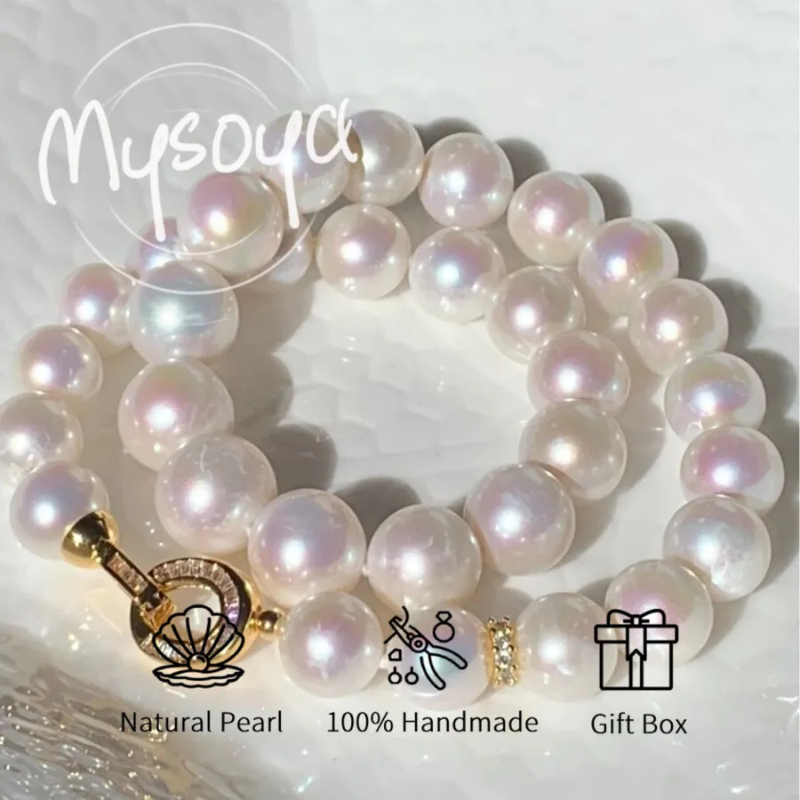 

MYSOYA 12mm+ White Pearl Necklace Large Natural Pearls With Gift Box Perfect Gift For Wedding Birthday Christmas New Year