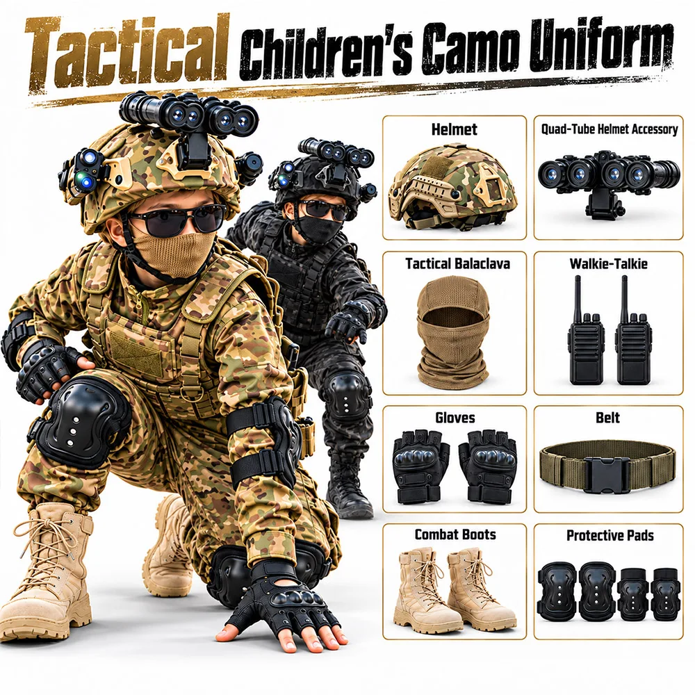 Kids Tactical Camo Uniform Set Boys Girls Pure Cotton Combat Shirt Pants Set Special Forces Style Outfit for CS Cosplay Training