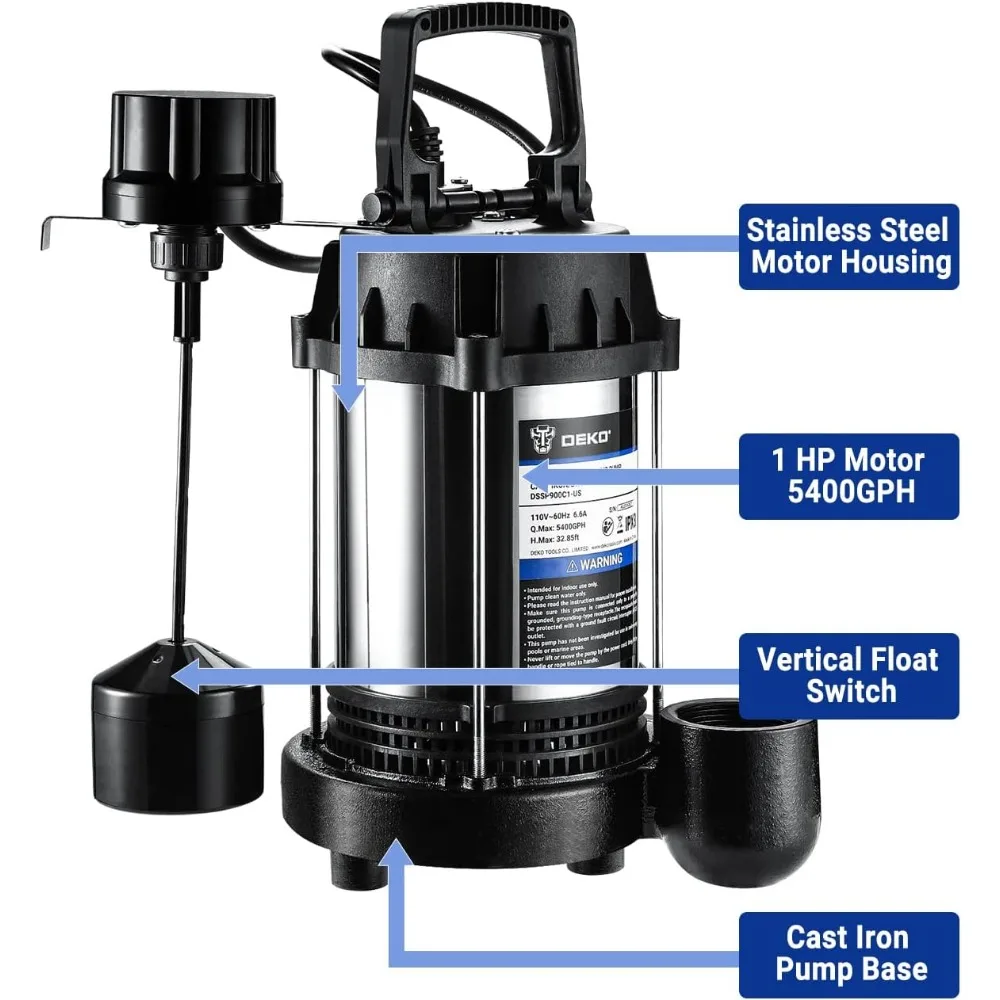 1HP Sump Pump, 5400GPH Submersible Cast Iron and Stainless Steel Sump Pump with Integrated Vertical Float Switch