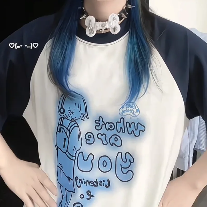Printed raglan sleeves short sleeve T-shirt female summer color matching headphones girl design relaxed fashion Joker top.