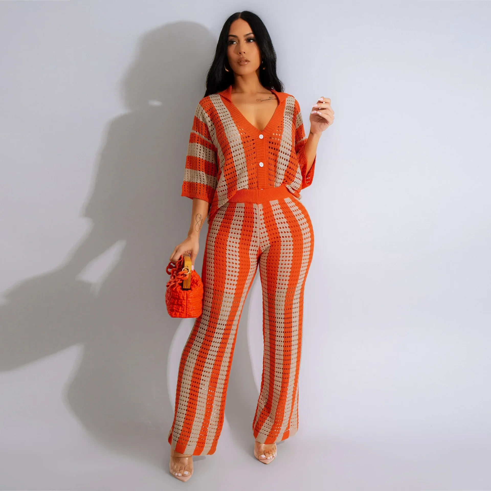 Matching Sets Two Pieces Hollow Out Knitted Striped Sweaters V Neck Loose Wide Leg Pants Pockets  Women Tracksuit Casual