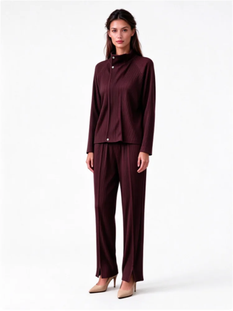Miyake Pleated Women Khaki Brown Ribbed Two Piece Set, Zip Up Jacket Wide Leg Pants, Vertical Texture Casual Outfit