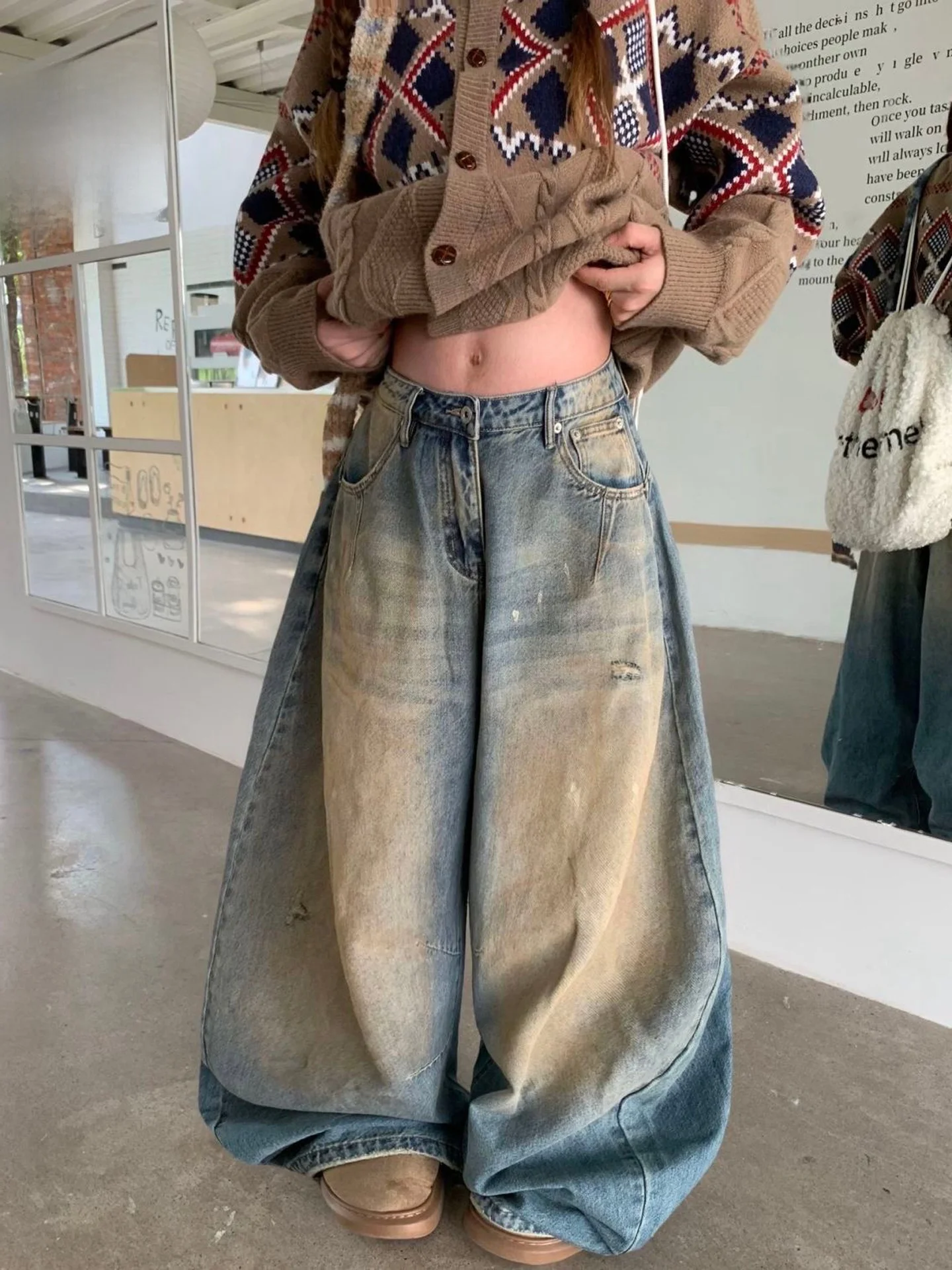 American Style Vintage Washed Knife  Wide Leg Jeans Women's Loose Fit Slimming Autumn New Street Style Jeans