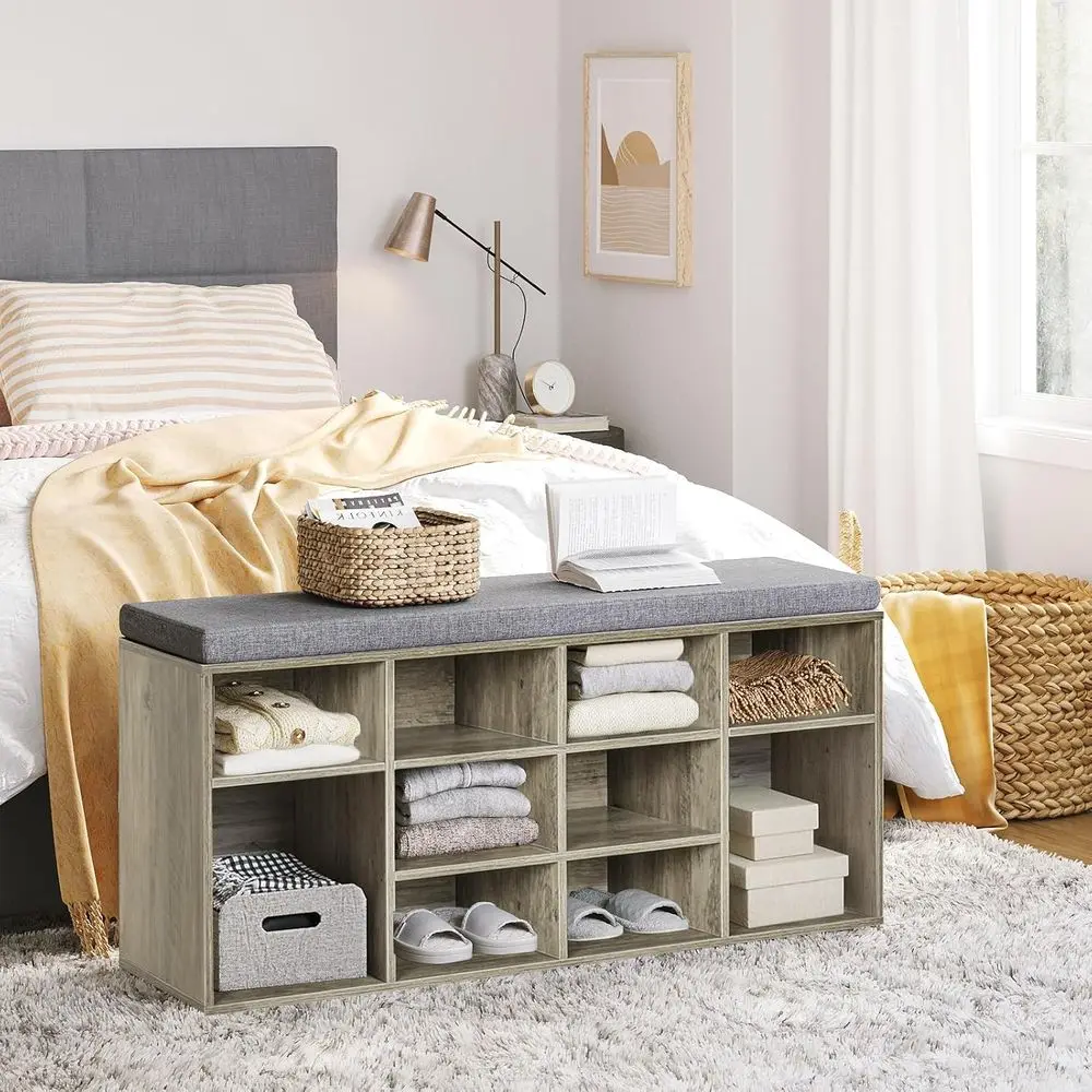 Panca portascarpe grigia Wash da 12 pezzi con cuscino, scaffale regolabile per ingresso, guardaroba e spazi abitativi