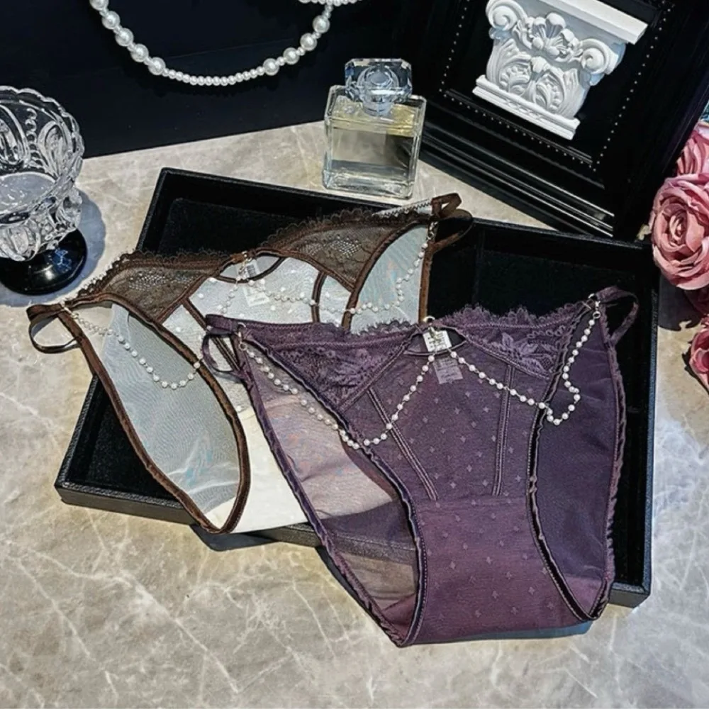 

French Style Lace Panties Thin Mesh Imitation Pearl Chains Briefs Transparent Low Waist Underwear for Women Spicy Girls