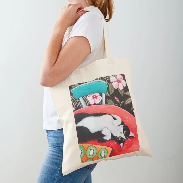 

Tuxedo Cat on the Kitchen Table Tote Bag eco pack Shopper canvas bags custom fabric bag