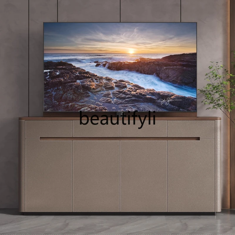 

Height Adjustable TV Cabinet with Smart Remote Control, Electric Saddle Leather, 55 65 75inch Inch, Adjustable Integrated