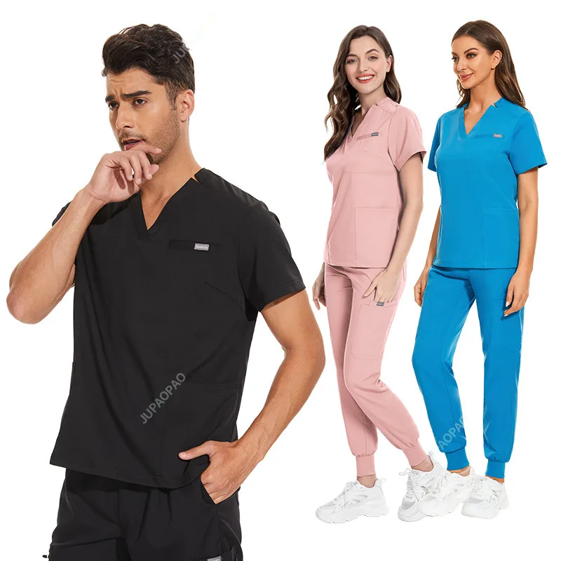 Neue elastische Männer gefrostete medizinische Kleidung Labor anzug Männer Großhandel Klinik Krankenhaus Arzt Arbeit Kleidung V-Ausschnitt