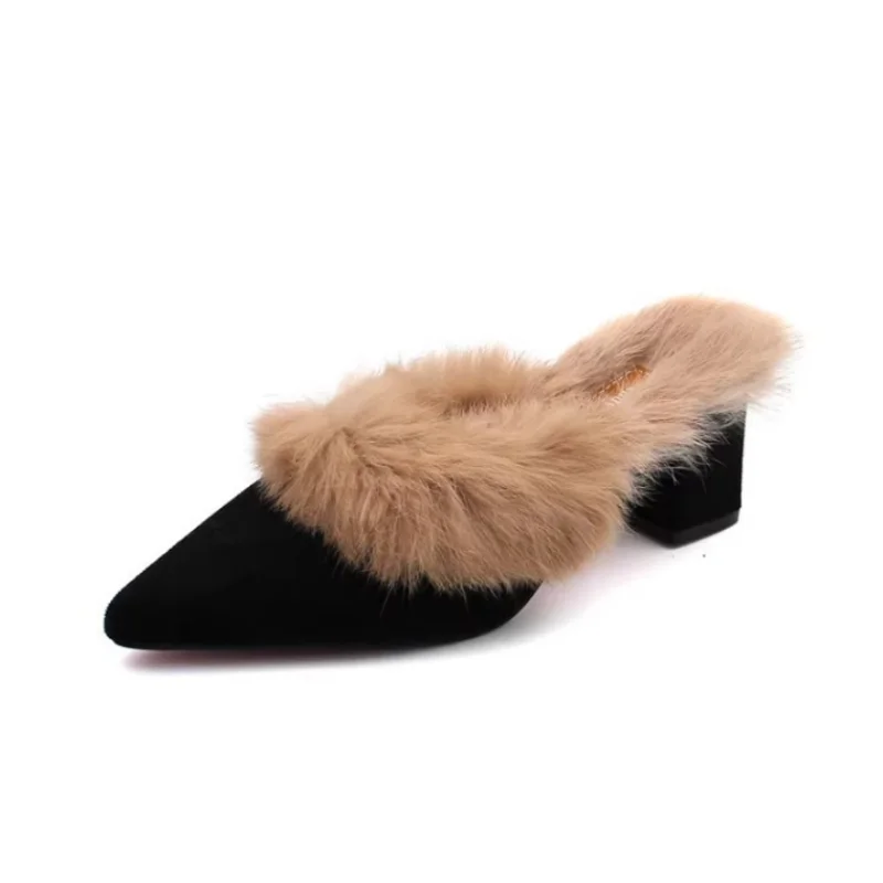 Women Furry Chinelos Ladies Fur Luxury Fluffy Plush Slipper House Soft Fuzzy Indoor Winter Home Women Warm High Heels clapper