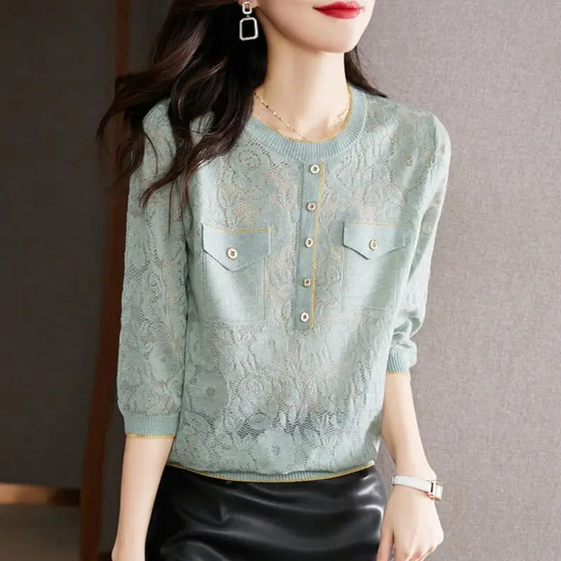 Womens Clothing 2023 Sexy Hollow Chic Elegant Knitwear Spring Summer Female Korean Fashion 3/4 Sleeve Pockets Pullover Knit Tops