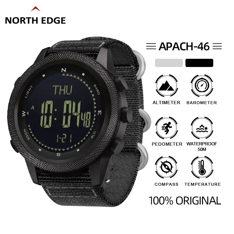 NORTH EDGE APACHE-46 Men's Digital Sports Watch 50M Waterproof Altimeter Barometer Compass World Time Wristwatch