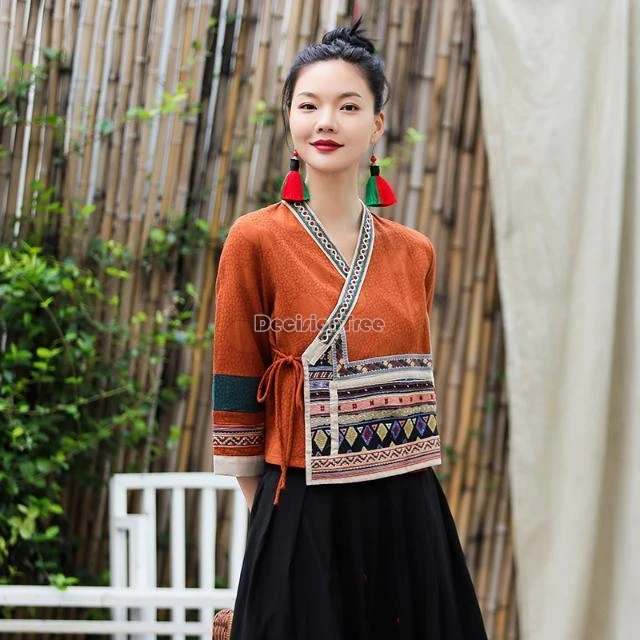 

2025 chinese national style cotton linen jacquard slanted lapel button-up hanfu blouse half sleeve embroidered lace-up coat top
