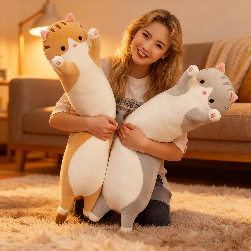 Popularna, długa pluszowa zabawka w kształcie kota, poduszka, czarno-różowo-szaro-żółta, miękka, do przytulania, lalka do spania, prezent dla chłopców, dziewczynek, dzieci, na święta, urodziny.