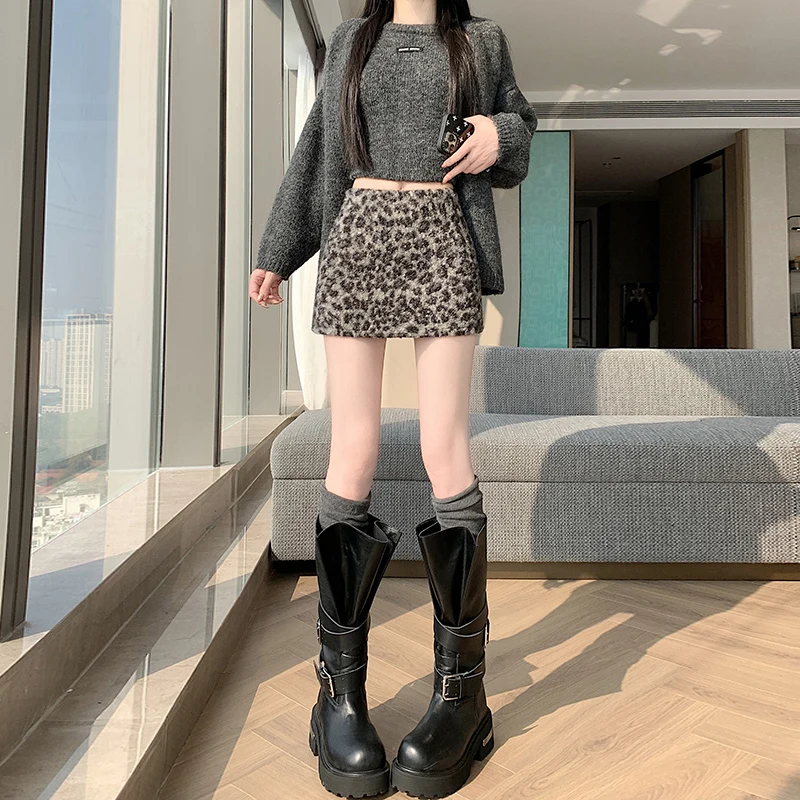Ele Leopard Print Furry ter Ne  Dr Women's High Waist Slimming Inner A-Line ort Skirt Korean Sle Commute