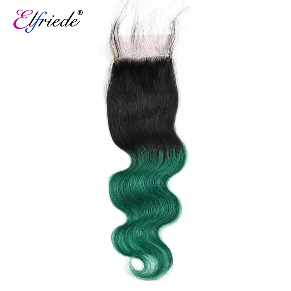 Elfriede-Mèches Body Wave Naturelles avec Closure, Cheveux Humains, Ombré # 1B/Vert, Cousus sur Trames, 3 Lots, avec Closure en Dentelle Transparente, 4x4