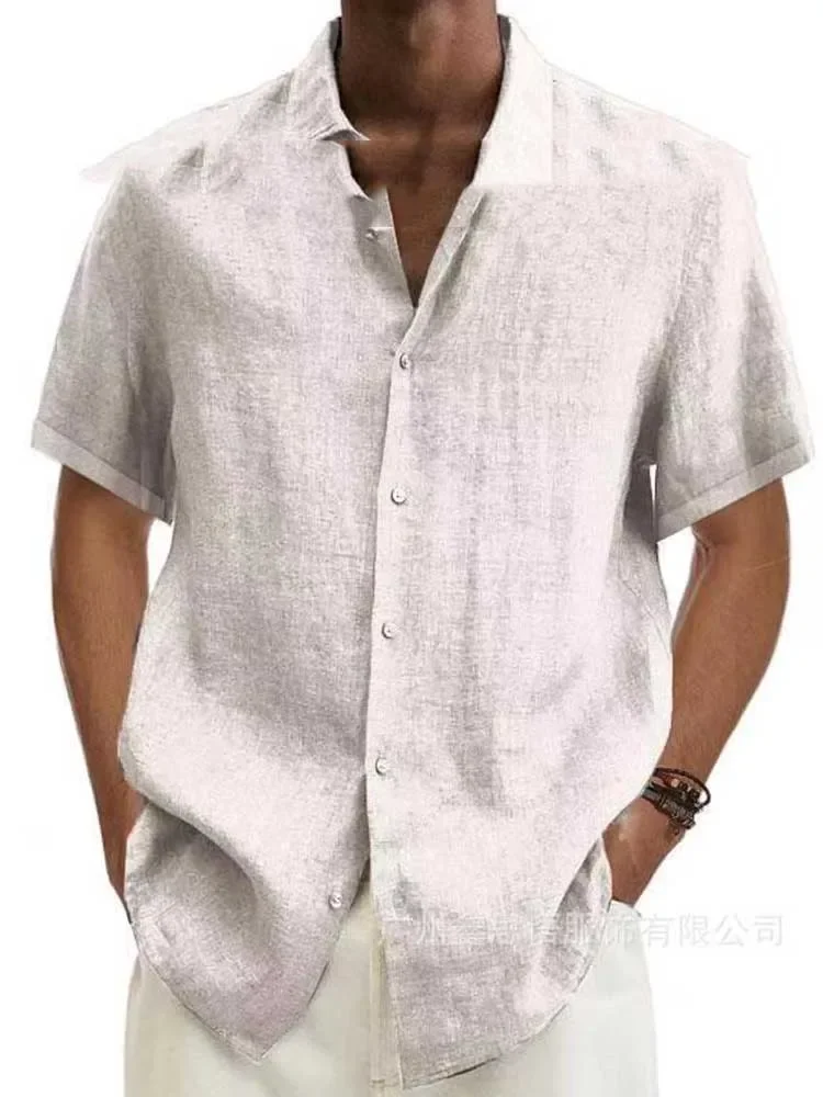 Blusa de lino y algodón para hombre, blusa holgada de manga corta con botones, cuello vuelto, Tops de verano, S-5XL