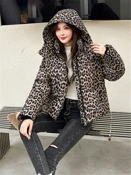 Leopard Print Loose Women Cotton Coat Winter Warm Stand Collar Zipper Quilted Padded Jacket Crop Top Y2K Parkas Female Clothes