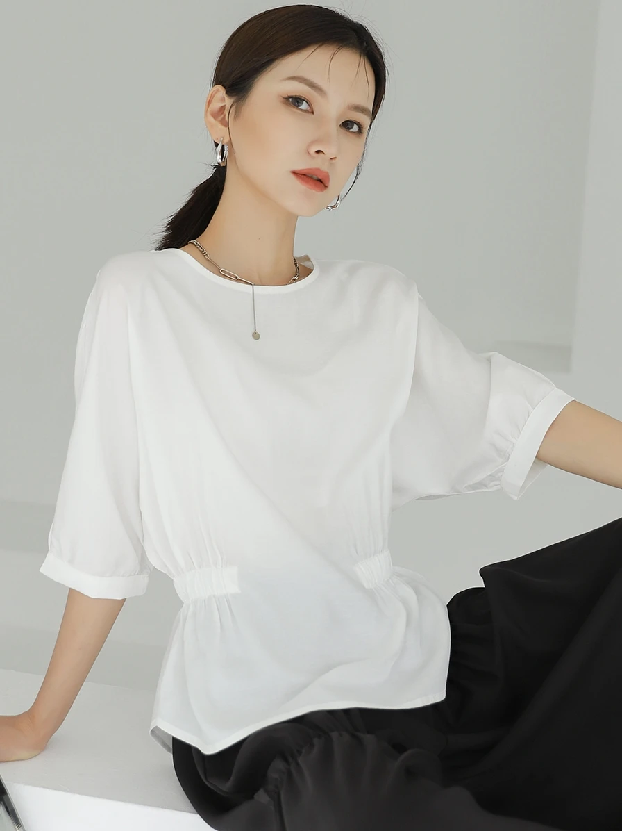 

White Waist-Cinching ort-Sve Women's T-irt round Ne Summer irt Cover Belly Button Design Casual Busin Women's B...