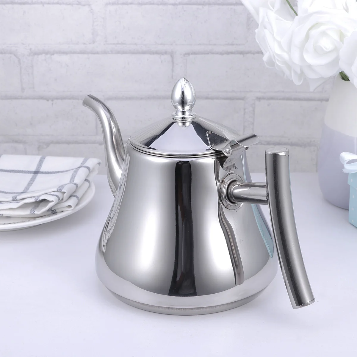 

1L Stainless Kettle Glossy Strainer Home Kitchen Tea Pot Teapot Coffee Pot Teapot Water Kettle Burner Compatible