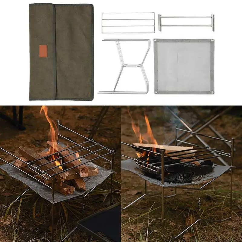 Folding Grill Mesh Fire Pit With Cooking Grate Ultra-light Incinerator Firewood Stove For Indoor Outdoor Wood Burning Traveling