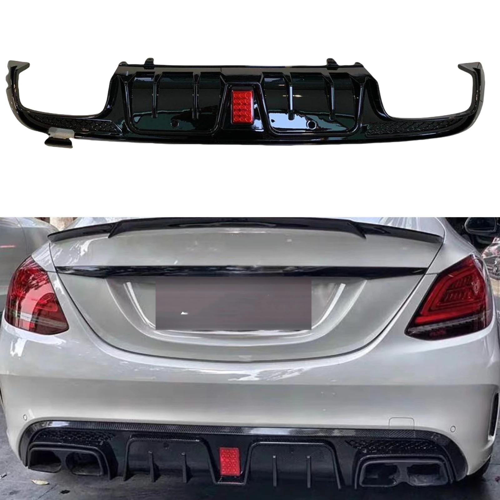 

For Mercedes Benz W205 C63 AMG 2015-2021 4 Door Sedan Rear Bumper Diffuser Lip With Lamp Tail Spoiler Splitter Body Protector