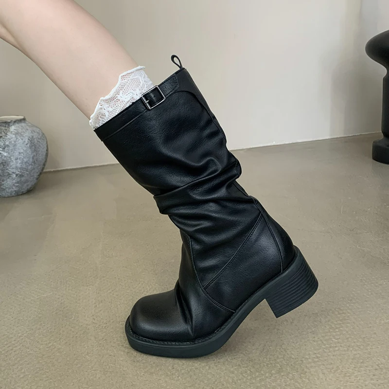 

Fashion Women Cowboy Short Ankle Boots For Women Thick Heel Cowgirl Boots Pleated Mid Calf Western Boots Genuine Leather Shoes