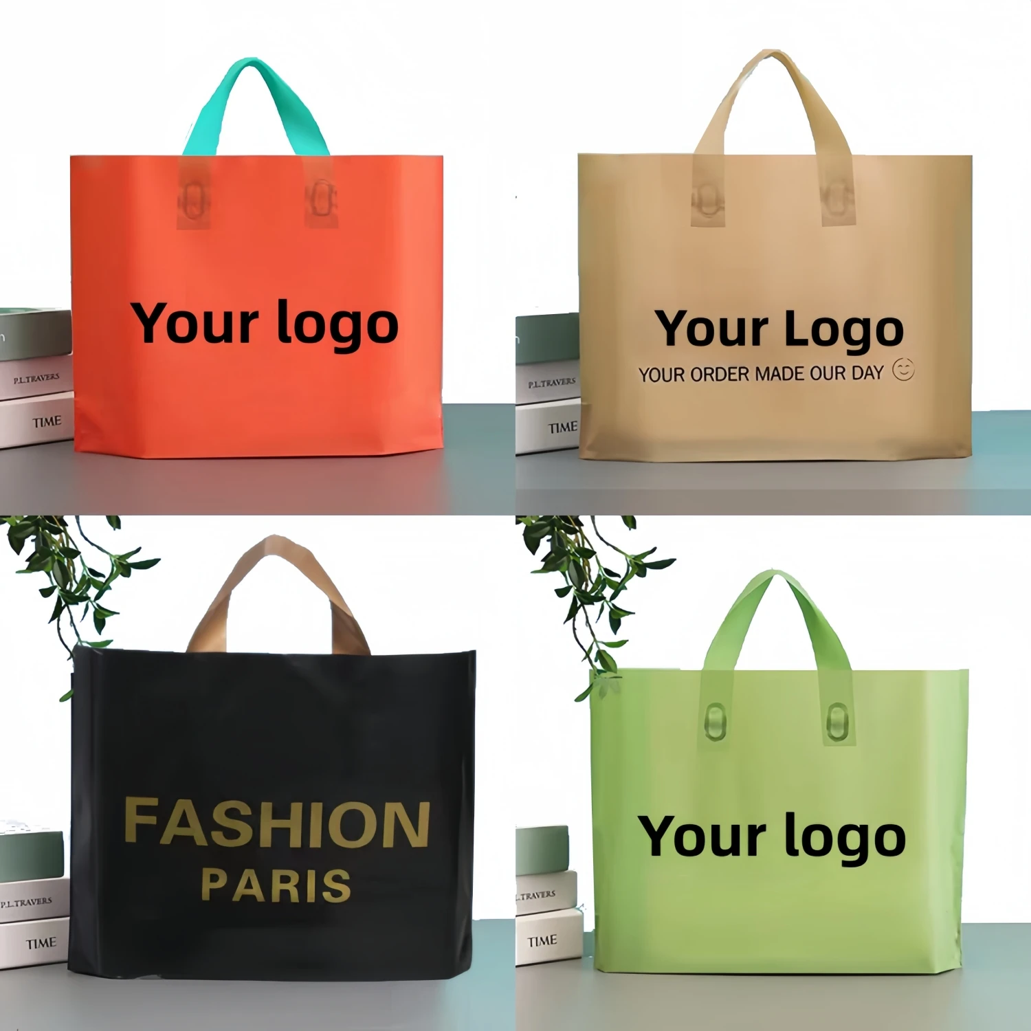 

100 х персонализированный логотип. Красочные сумки для покупок с ручкой. Пластиковый подарочный пакет с принтом. Одноцветный логотип с односторонней бесплатной дизайнерской печатью.